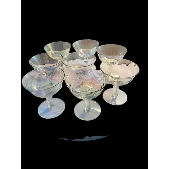 8 Fostoria Crystal Pearl Shell Iridescent Champagne Sherbert Glasses Loop Optics - Picture 1 of 16